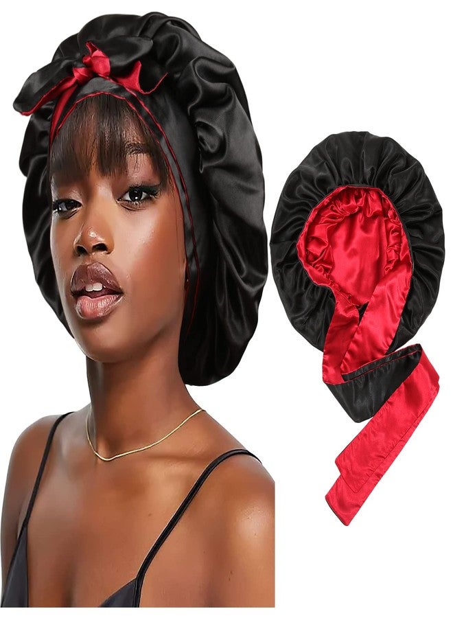 CHLINS Satin Bonnet Silk Sleep Cap Hair Bonnets for Black Women Stretchy Tie Band for Curly Hair Wrap(Black+Red) - Image 1